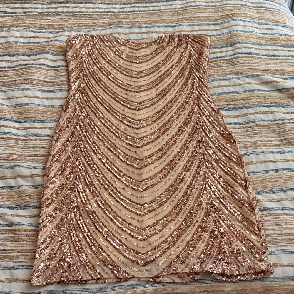 BLANC Glamorous Strapless Sequin Dress in Rose Gold